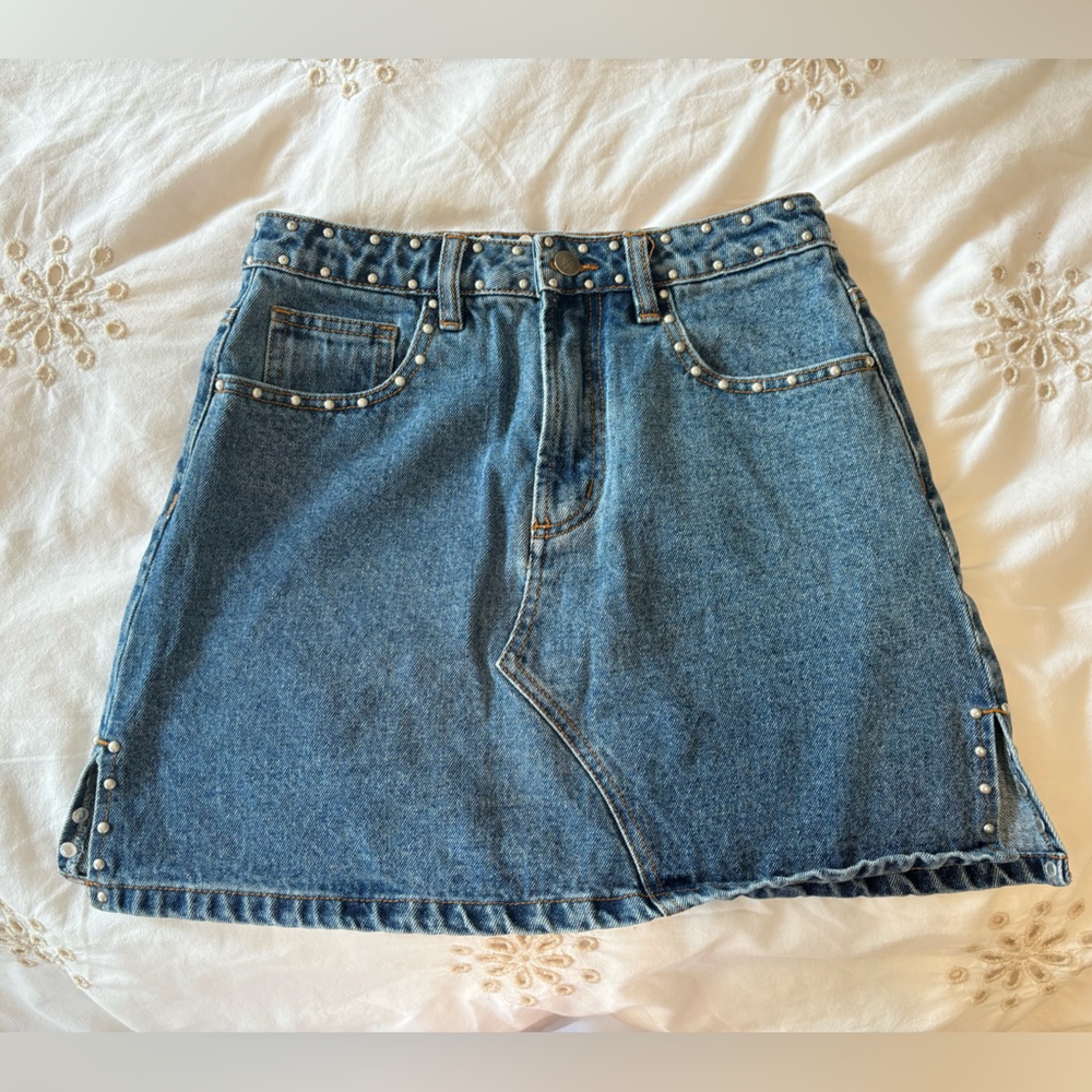 Denim Mini Skirt with Stud Detail